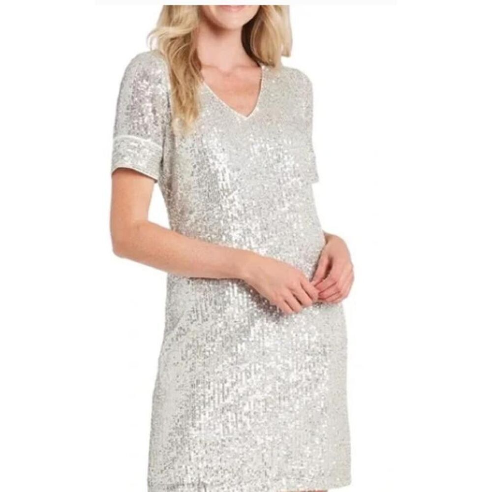 CeCe Dress Womens Small Silver Sequin Short Sleeve V Neck Shift Party Cocktail